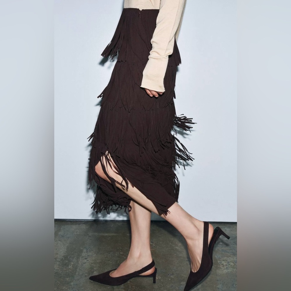 NWT • Zara Brown Fringe Midi Skirt - Picture 5 of 8